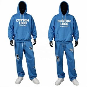 Custom Acid Wash Sun Faded Flared Sweatsuit Sudadera con capucha conjunto de pantalones de chándal para los hombres personalizados apliques parche bordado Jogger chándales - Product Image 3