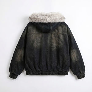 Veste en jean à capuche unisexe personnalisée, en molleton de coton de haute qualité, fermeture éclair, délavée au soleil, noire, avec doublure en fourrure, coupe ample, design 2026 - Product Image 3