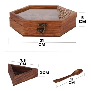Hand Carved Gul Hexagonal Sheesham Wood <b>Spice</b> Box/ Dry-fruit Box Containers <b>spice</b> container with spoon wooden kitchen decor - Product Image 5