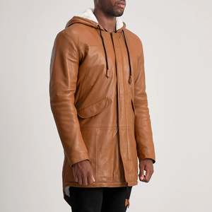 Parka en cuir Delvin Tan avec col à capuche, style décontracté - Product Image 2