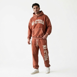 Conjunto de Sudadera con Capucha y Pantalones Deportivos para Hombre, Estilo Vintage, Color Marrón Oxidado, Algodón y Felpa, Ropa Deportiva Urbana, Venta al Por Mayor OEM - Product Image 1
