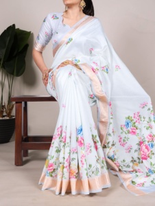 Saree de seda Tasar estampado de colección exclusiva con borde de viscosa y blusa sin costuras coordinada - Product Image 6