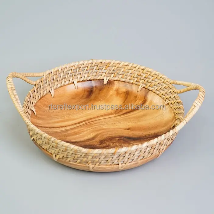 Antique decorative customized Handmade wooden rattan Tray For Home and Hotel