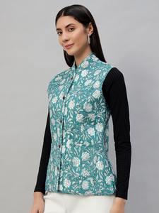 Femmes beau coton indien main bloc imprimé Kantha vestes Designer réversible demi manches matelassé hiver automne Floral - Product Image 3