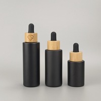 Impression de logo personnalisé, flacons compte-gouttes en verre givré noir mat avec bouchon en bois de bambou, 15 ml, 30 ml