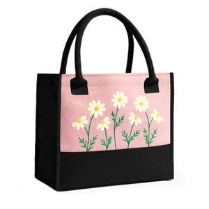 For Pink Floral Embroidered Tote Handbag Large Fashionable Ladies Tote Bags For Daily Office Use Lunch <b>Box</b> Storage Handbag Tote - Product Image 1