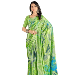 ผ้าซิลค์เครปพิมพ์ลายดิจิทัล พร้อมชุดเสื้อส่าหรีสำหรับขายส่ง - Product Image 1