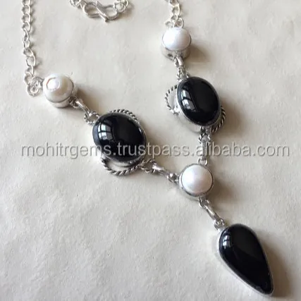 925 Silver Plated 18"Inch Black Onyx Pearl Necklace Accessories