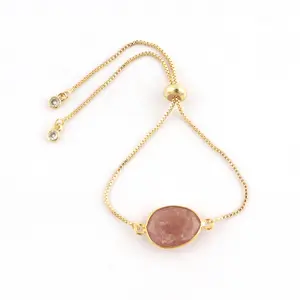 High Quality Natural Cherry Quartz & Cz Quartz Slider Lock Bracelet Gold Plated Link Chain Statement Bracelet Woman Jewelry Gift