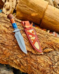 Cuchillo de Hoja Fija Hecho a Mano con Funda para Supervivencia al Aire Libre, Camping, Pesca, Caza, Hoja de Acero de Damasco, Mango de Madera - Product Image 3