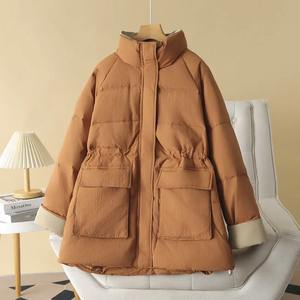 Femmes hiver chaud mi-long mince à capuche fermeture éclair Parkas à manches longues rembourré bouffée veste couleur unie fait peau de mouton coton - Product Image 6