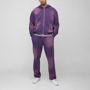 Ensemble de survêtement pour homme 2 pièces, personnalisé OEM 2026, en coton épais, style vintage délavé à l'acide et effet soleil, avec fermeture éclair - Product Image 1