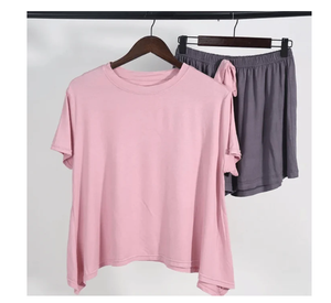 เซ็ตชุดนอนผ้าฝ้ายแขนสั้นแบบไม่สมมาตรและสั้นของผู้หญิงเอวยางยืดและเชือกรูดระบายอากาศได้ดี - Product Image 1