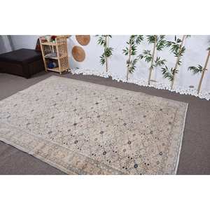 Alfombra turca Vintage clásica Beige 6,4 'X 9,2' Patchwork diseño lana viscosa Material látex respaldo para sala de estar dormitorio - Product Image 3