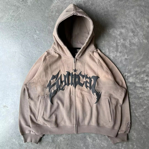 Sweat à capuche zippé oversize pour homme, en coton French Terry, style streetwear, coupe classique, délavé à l'acide, imprimé lettres - Product Image 3
