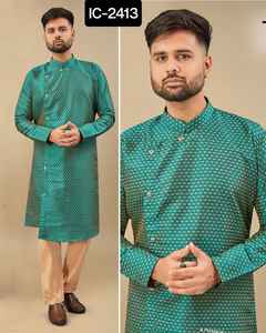 Indian Ethnic Wear Men Wear <b>Silk</b> Jacquard <b>Silk</b> Readymade Kurta with <b>Pyjama</b> Set for Wedding and Festival Wear Designer Kurts - Product Image 3