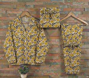 Conjunto de Pijama Térmico de Algodón Tejido a Mano Indio para Mujer, Estampado Floral de Verano, Transpirable, Suave, de Secado Rápido, Cómodo, Ropa de Dormir de Longitud Completa - Product Image 6