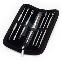 Kit professionnel de 7 outils extracteurs de points noirs et de boutons en acier inoxydable à 100 %, avec étui en cuir, pour le nettoyage des pores