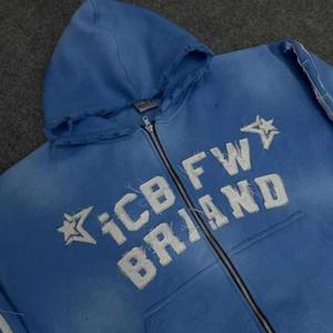 Survêtement personnalisé pour hommes 500 GSM lourd 100% coton à épaules tombantes fané par le soleil en détresse brodé coupe carrée recadrée avec fermeture éclair - Product Image 2