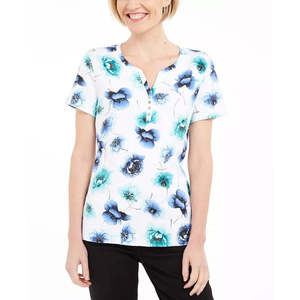 Camiseta Henley Blanca Transpirable para Mujer Karen Scott, Estampada, Talla Mediana - Product Image 1