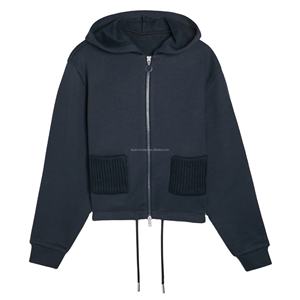 Vente en gros de sweat-shirts à capuche zippés pour femmes, cardigan court, veste en tricot, poche plaquée, ourlet à cordon, poids lourd, hiver, écologique - Product Image 1