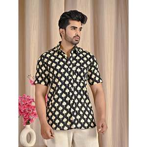 Chemise décontractée pour homme 100% coton avec col montant, respirante, en popeline, manches courtes, imprimée, noire - Product Image 3