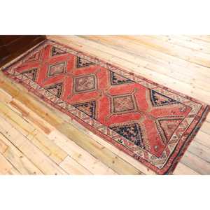 3.3x9.4 ft Rug, Turkish Vintage Rug, <b>Red</b> Blue Abstract <b>Wool</b> Rug - Product Image 4