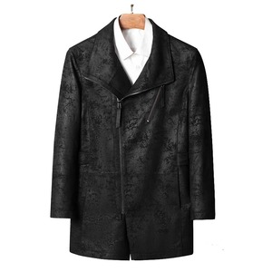 Veste d'hiver en cuir véritable pour hommes Manteau coupe-vent long de moto en daim imprimé à grand revers - Product Image 2