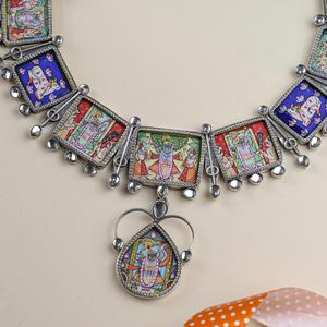 92.5 Sterling <b>Silver</b> Women's Hastakala Pichwai Handpainted Fine Jewelry <b>Set</b> for Religious Ceremonies Includes <b>Necklace</b> Earrings - Product Image 3