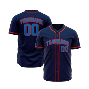 Op maat gemaakt honkbalshirt, unisex, marineblauw, rode bies, korte mouw, knoopsluiting aan de voorkant, teamnaam, nummer, volledig bedrukt, ademend, grote maten - Product Image 1