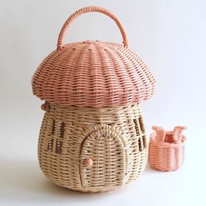 Cesta de mimbre con forma de Casa de setas para niños, cesta de almacenamiento de casa de muñecas, nórdica, de mimbre, Rosa - Product Image 6
