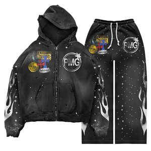 Conjunto Deportivo Personalizado de Alta Calidad con Estampado Vintage Desgastado, Sudadera con Capucha y Cremallera, Pantalones Deportivos con Estampado Artístico - Product Image 1