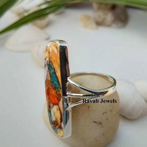 SOCTDSGR9 Spiny Copper Oyster <b>Turquoise</b> <b>Ring</b> 6x20mm Rectangle Bezel Design Rhodium Plated 925 Sterling Silver Wedding Jewelry - Product Image 5