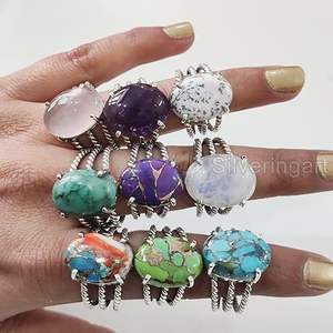 Women's Ring Natural Coral Opal Tourmaline Ruby Lapis <b>Quartz</b> Gemstone Bohemian Ring Handmade <b>Jewelry</b> 925 Sterling Silver Ring - Product Image 3