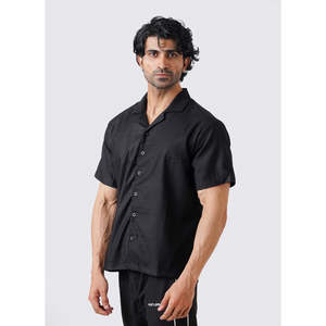 Chemise décontractée slim fit pour homme - Noire 100% Coton Popeline Col Mandarin Manches Courtes Unie Boutonnage Simple - Product Image 2