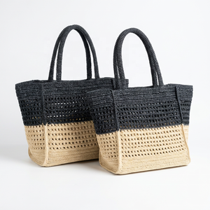 Crochet Raffia Durable Tote <b>Bag</b> <b>Women</b> Casual <b>Beach</b> Two Tone Black and Beige Hollow Out Open Top Large Capacity Parties - Product Image 6