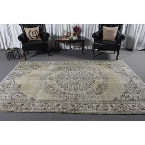 4.2x9.2 ft Area Vintage Rug, Turkish Rug, <b>Brown</b> Gray Striped <b>Wool</b> Rug - Product Image 2