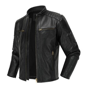 2023 Vintage motard veste col montant couche supérieure peau de vache peau de mouton en cuir véritable toile nouveau printemps Style hiver caractéristiques - Product Image 3