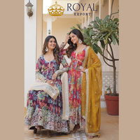 Georgette traditionnelle imprimée à fleurs avec séquence Anarkali Kurti avec pantalon et soie russe Collection Dupatta