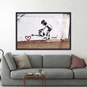 Banksy Children Watering Heart <b>Canvas</b> - Printed Street Art Decor,BLACK <b>FRAMED</b> <b>CANVAS</b> - Product Image 1