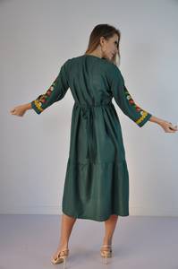 Venta al por mayor de las mujeres ecológicas de manga larga con cuello en V silueta suelta Casual Maxi vestido fajas cintura suelta Retro gitano tradicional - Product Image 5