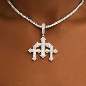Moissanite Hip Hop <b>Pendant</b> Full Diamond 14K White <b>Gold</b> Plated 925 Sterling Silver Three <b>Cross</b> Style <b>Pendant</b> Necklace For Women - Product Image 1