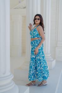 Sky Blue <b>Floral</b> Bubble Sleeve Washable Matching Set Wrap Crop Top Midi <b>Skirt</b> Tropical Summer Holiday Coordinate Two Piece - Product Image 6