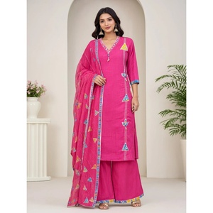 Conjunto de Palazzo y Dupatta para Mujer, Color Rosa, Bordado, 100% Algodón, Transpirable, Elegante, Cuello en V, Manga Tres Cuartos, para Uso Diario -WSKP219 - Product Image 1