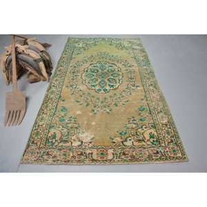 Vintage 4ft 8in Vert Beige Tapis Turc Classique Grande Surface Rectangle Patchwork Conception Seagrass Laine Latex pour Couloir Chambre Décor - Product Image 1