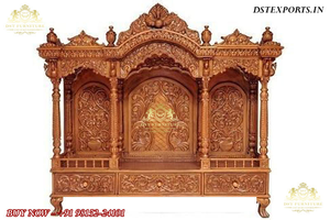 หิ้งบูชาไม้สักคุณภาพพรีเมียมพร้อมประตู หิ้งบูชาไม้สักแกะสลักด้วยมือ หิ้งบูชาไม้แบบดั้งเดิมสำหรับชาวฮินดู สหรัฐอเมริกา - Product Image 2