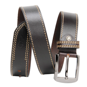 Correa de Cuero Genuino para Hombre, Negra, con Costuras Decorativas, Ligera, con Hebilla de Latón y Nombre de Marca Personalizado - Product Image 1