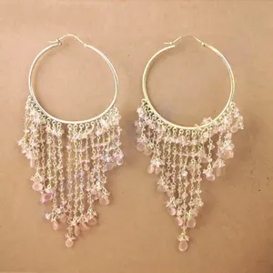 Pendientes Largos Elegantes, Pendientes de Aro Chapados en Oro con Gotas de Piedras Preciosas Rosas para Mujer - Product Image 2