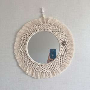 Handmade Cream Beige Macrame Round <b>Wall</b> <b>Mirror</b> Modern Retro-Style New <b>Wall</b> <b>Hanging</b> Decor with Cotton Woven Tassels for Birthday - Product Image 1