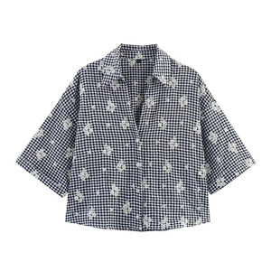 เสื้อเอวลอยปักลายดอกไม้สำหรับผู้หญิงเสื้อเอวลอย100% ลำลองฤดูร้อนผ้าคอตตอนปกคอเสื้อตกแต่งโลโก้ - Product Image 6